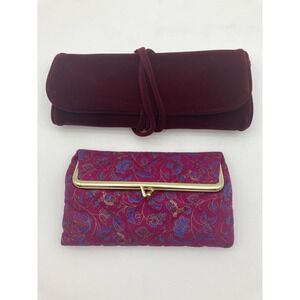 Vintage Avon Jewellery Wrap Makeup Case Set Burgundy Velvet Paisley Mirror
